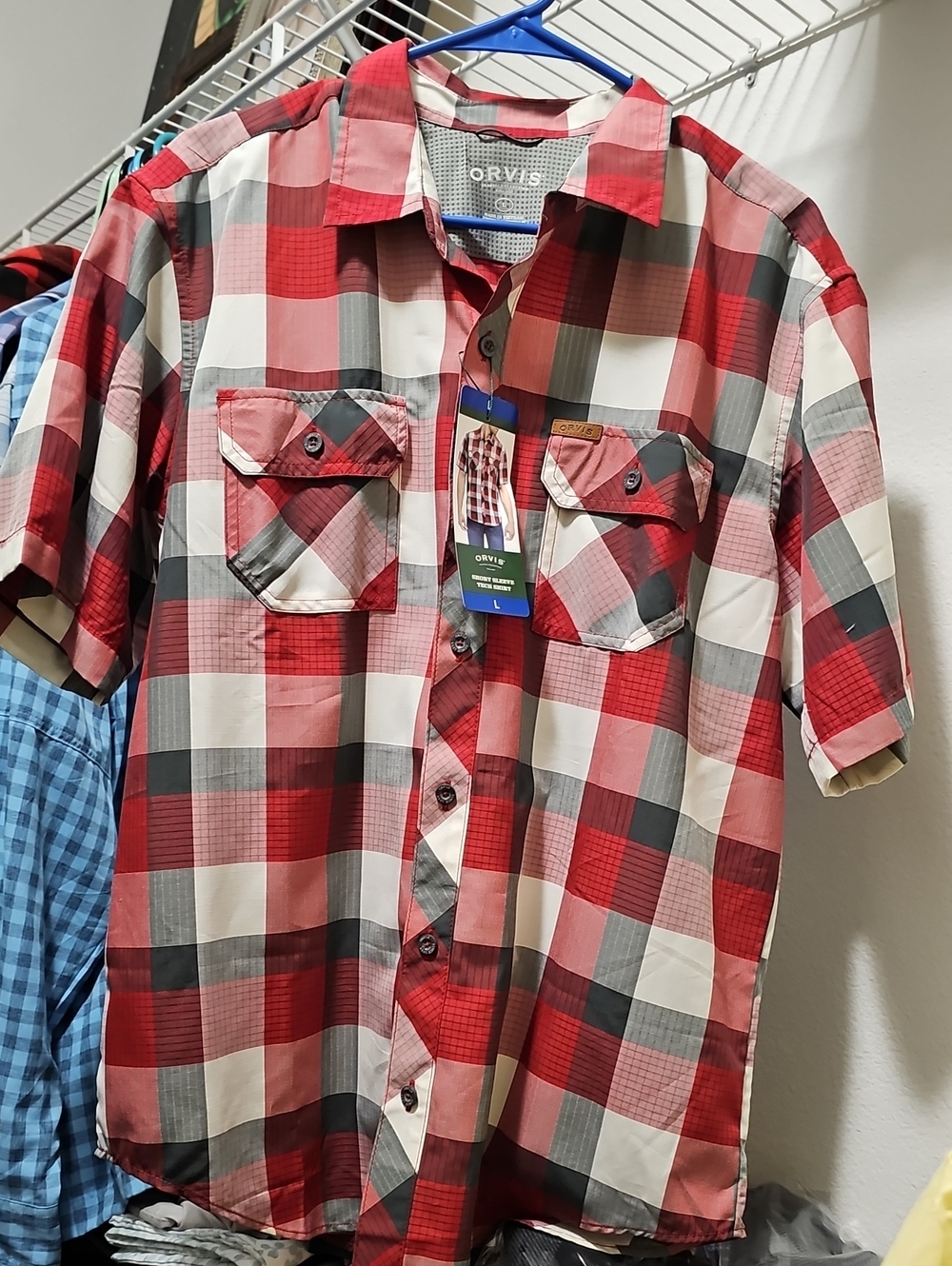 Orvis Red Plaid Short Sleeve Tech Shirt UPF 20+